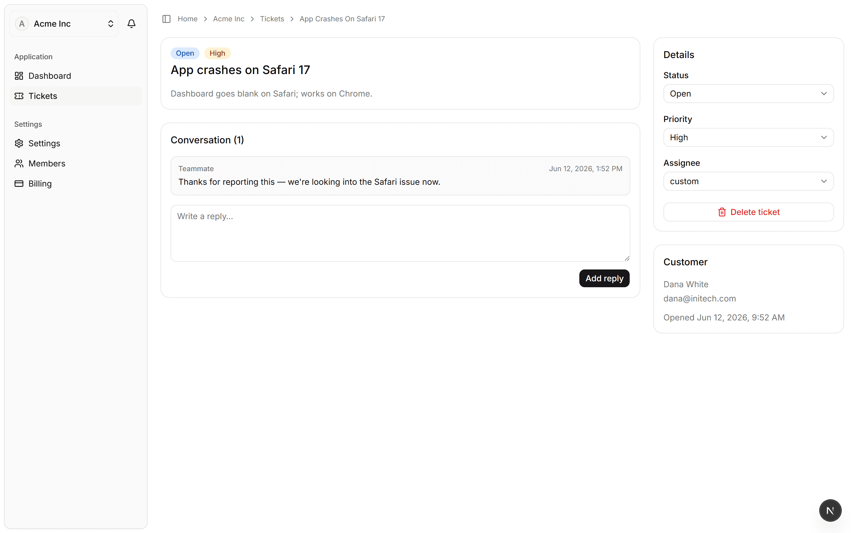A DeskHelp ticket with its conversation thread, status, priority, and assignee